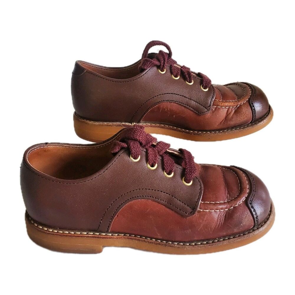 70s Leather Oxfords Lace Up Boys Vintage Shoes 10.5D Scuff Tip Kids Stride Rite?
